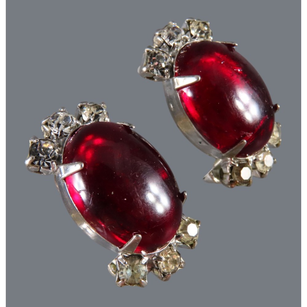Vintage SILVER TONE CLIP-ON EARRINGS Dark Ruby Red Cabochon CLEAR RHINESTONES